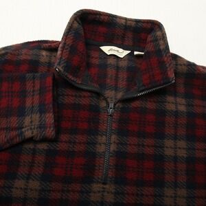 VTG Eddie Bauer Fleece Sweater Mens Small Red Navy Brown Plaid Quarter Zip USA